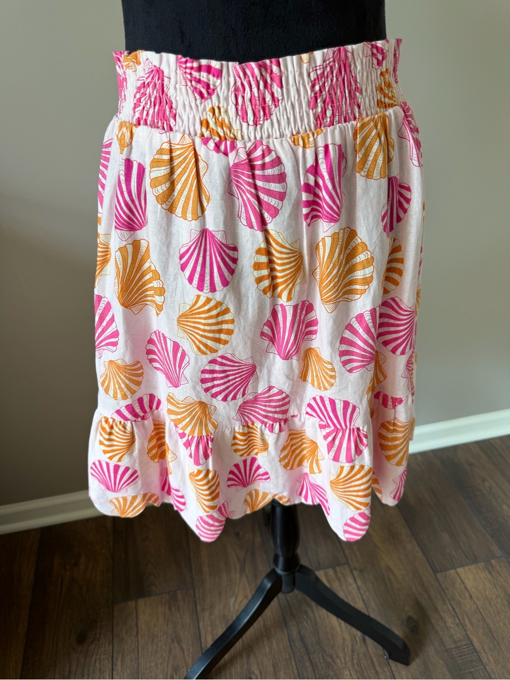 Kathleen Maeve Smocked Waist Pink & Orang Shell Print Skirt Large